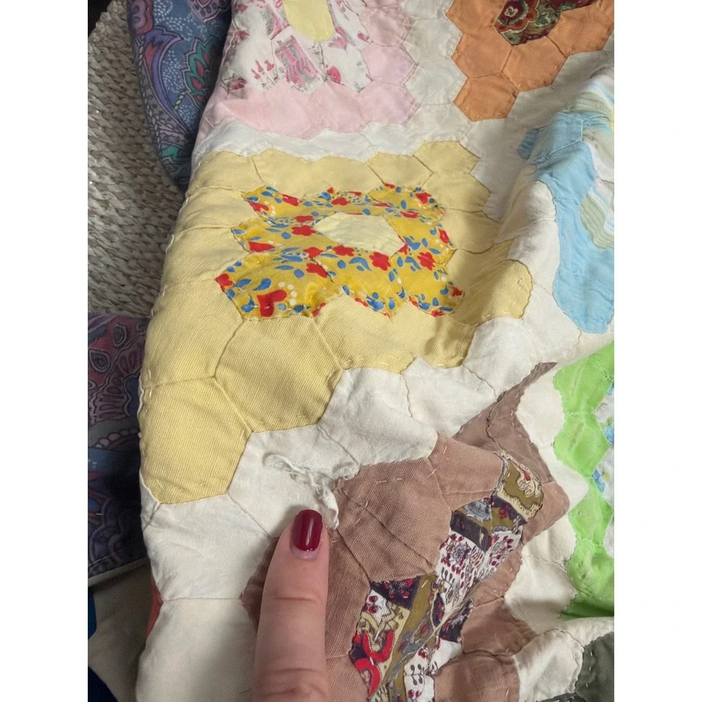 Vintage Handmade Grandmothers Flower Garden Patchwork Quilt Hexagon Multi 96x74